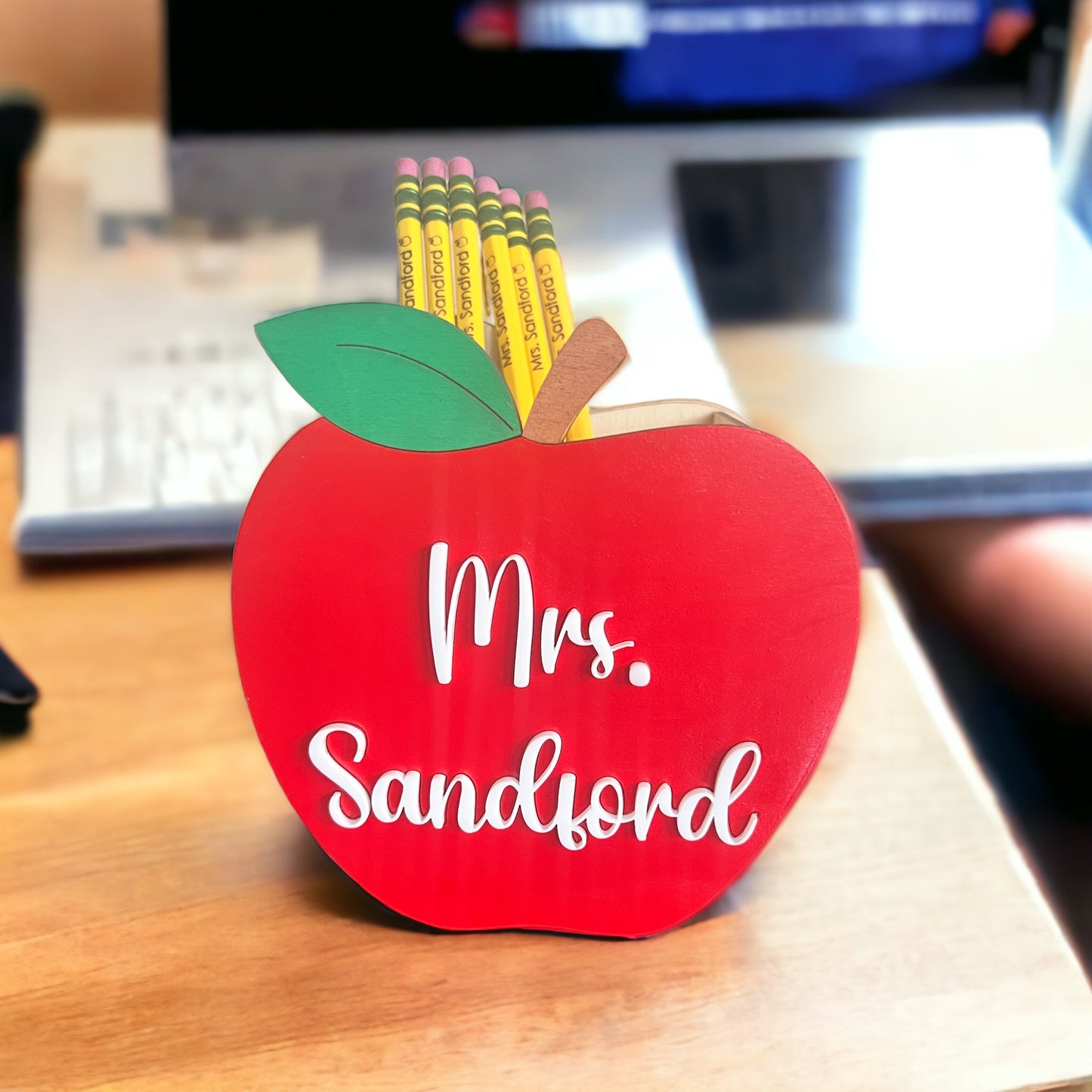 Teacher Wooden Apple- Teacher Appreciation Gift- Apple Pencil Holder- Personalized Teacher Gift-White Elephant Gift