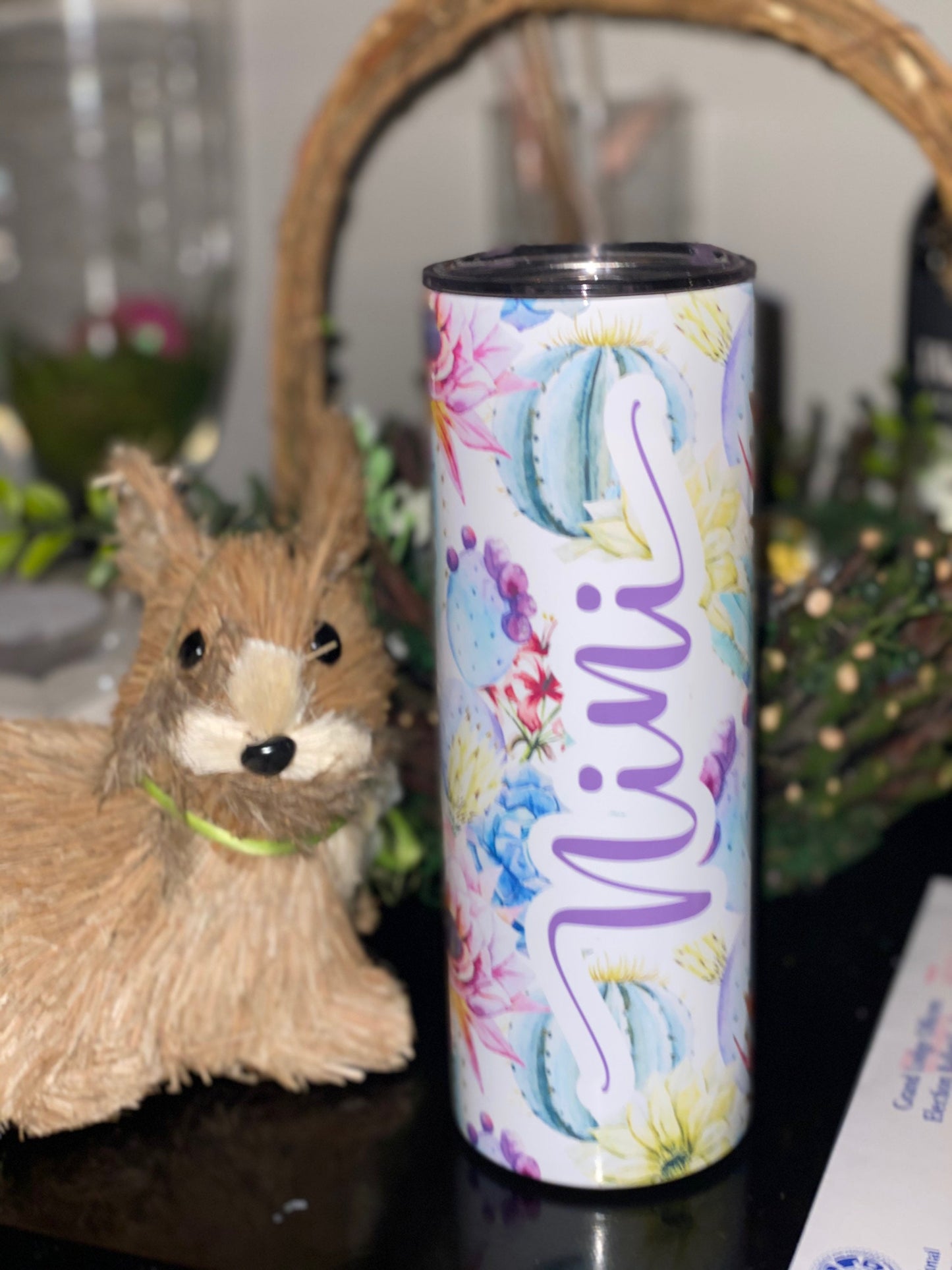 Watercolor Cactus 20oz Matte Skinny Tumbler With Straw- Personalized Cactus Tumbler for Women- Cactus Travel Mug for Women