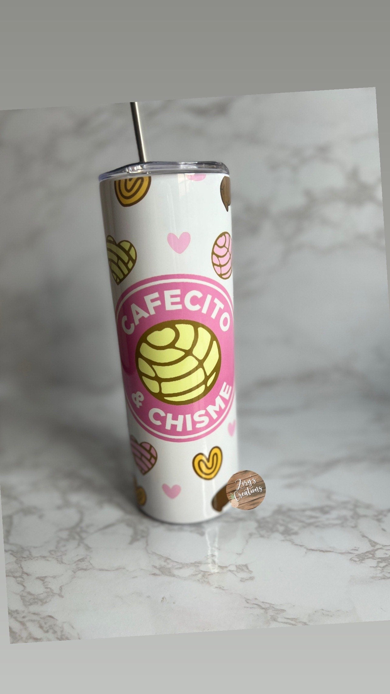 Cafecito & Chisme 20oz skinny tumbler with straw- Concha Skinny Tumbler- Tumbler