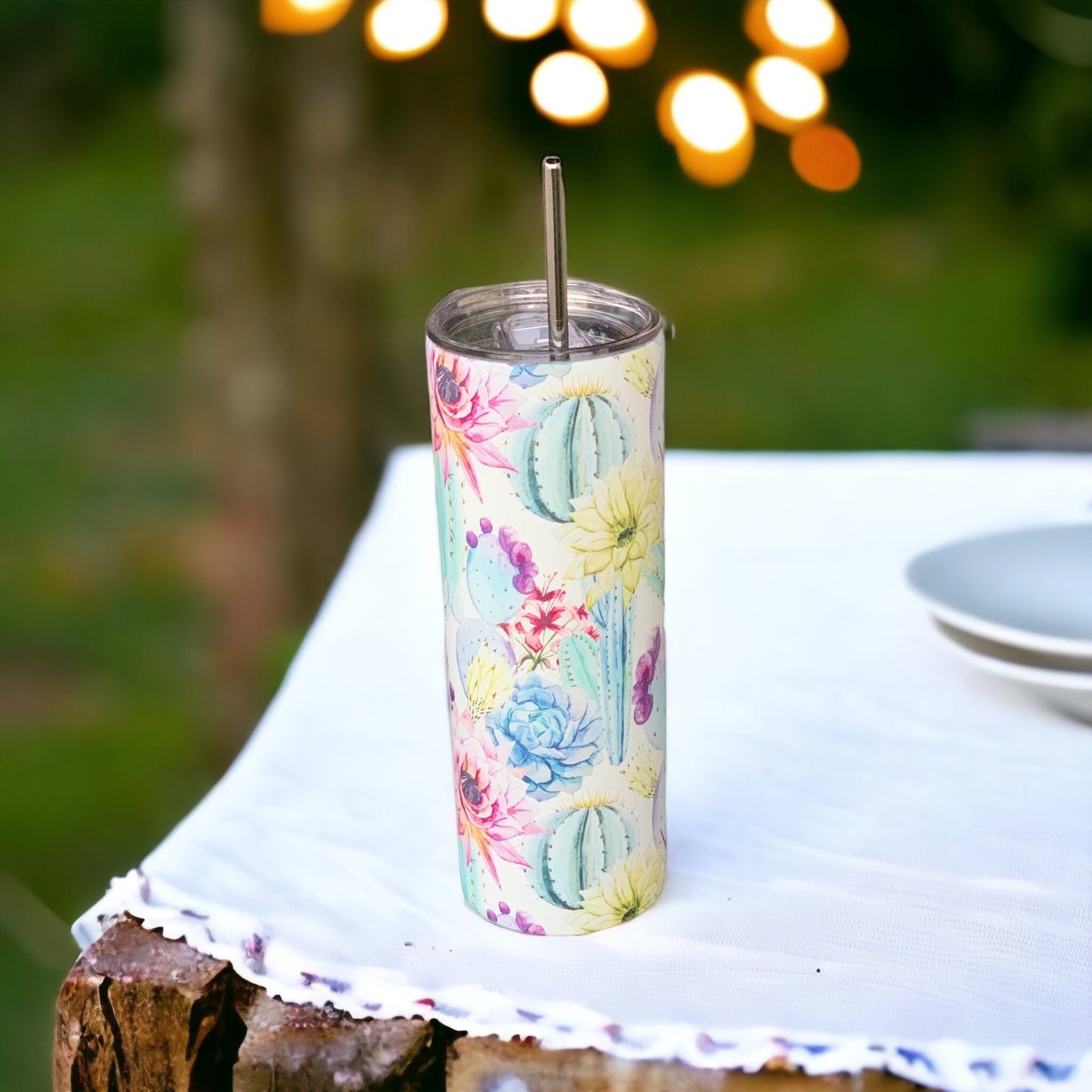 Watercolor Cactus 20oz Matte Skinny Tumbler With Straw- Personalized Cactus Tumbler for Women- Cactus Travel Mug for Women