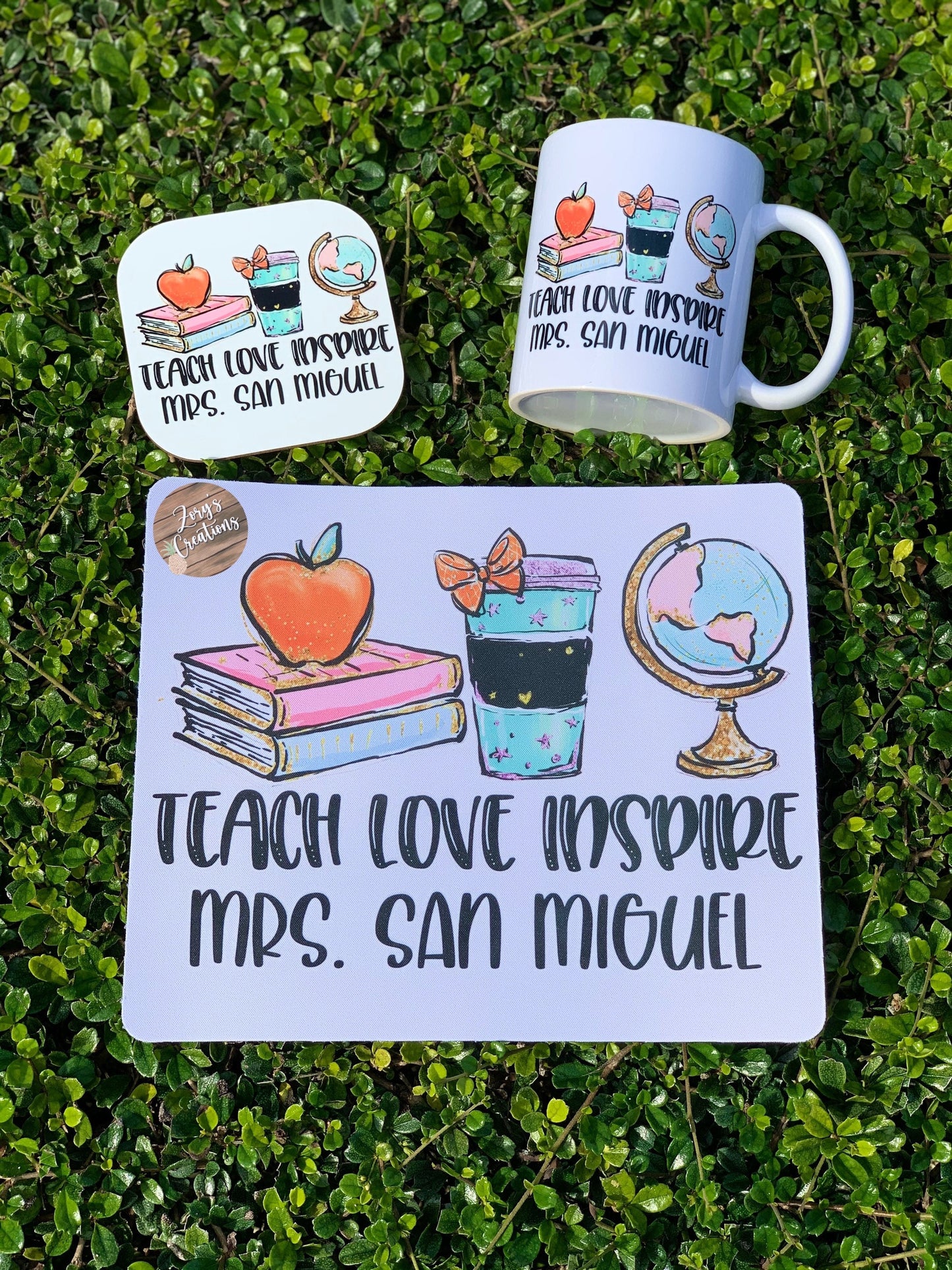 Teacher Gift Set-Personalized Teacher Mousepad, Coater & 11oz mug gift set- Personalized Desk Set-Christmas Teacher Gift-White Elephant Gift