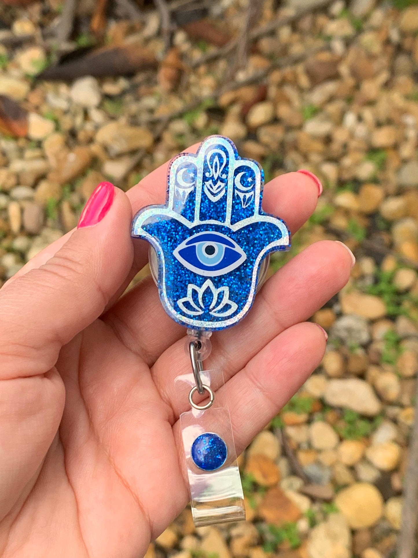 Hamsa Badge Reel-Cute Badge Reel-Glitter Badge Reel- Hamsa Hand Retractable Badge Reel- Nurse Gift- Eye Of God Badge Reel