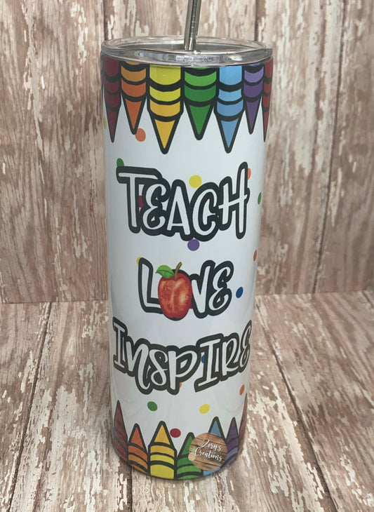 Teach Love Inspire 20oz Skinny Tumbler With Straw- Teacher Tumbler- Christmas Gift for Teachers- Teacher tumbler- Teacher Gift