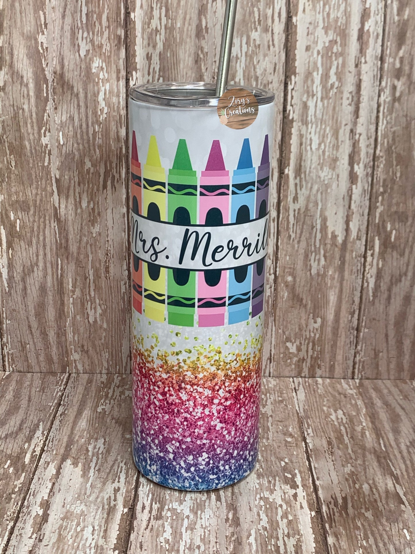 Teacher Crayon Glitter 20oz Skinny Tumbler With Straw- Teacher Tumbler- Gift for Teachers- Teacher Skinny Tumbler- Crayons and Name tumbler