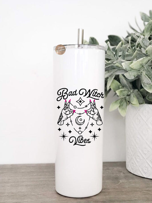 Bad witch vibes 20 Oz Skinny tumbler with straw- Cute Gift- Gag gift- Halloween 20oz Skinny Tumbler-Holiday Gift-Witch Tumbler