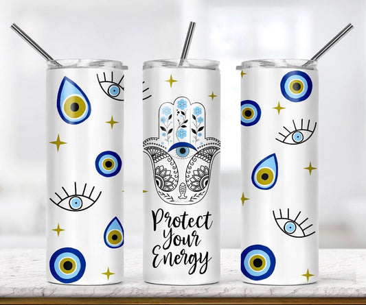 Protect Your Energy 20oz Skinny Tumbler- Personalized Evil Eye Tumbler for Women- Christmas Gift-White Elephant Gift