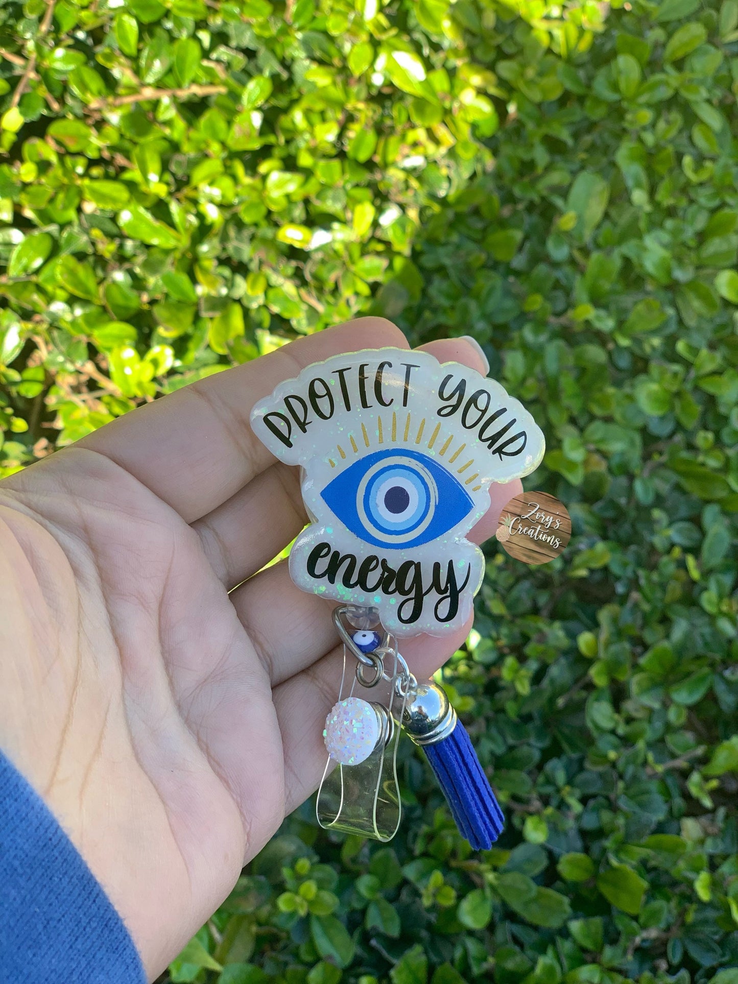 Protect Your Energy Badge Reel-Cute Badge Reel-Glitter Badge Reel-Retractable Badge Reel-Mal de Ojo ID Badge-White Elephant Gift- Nurse Gift