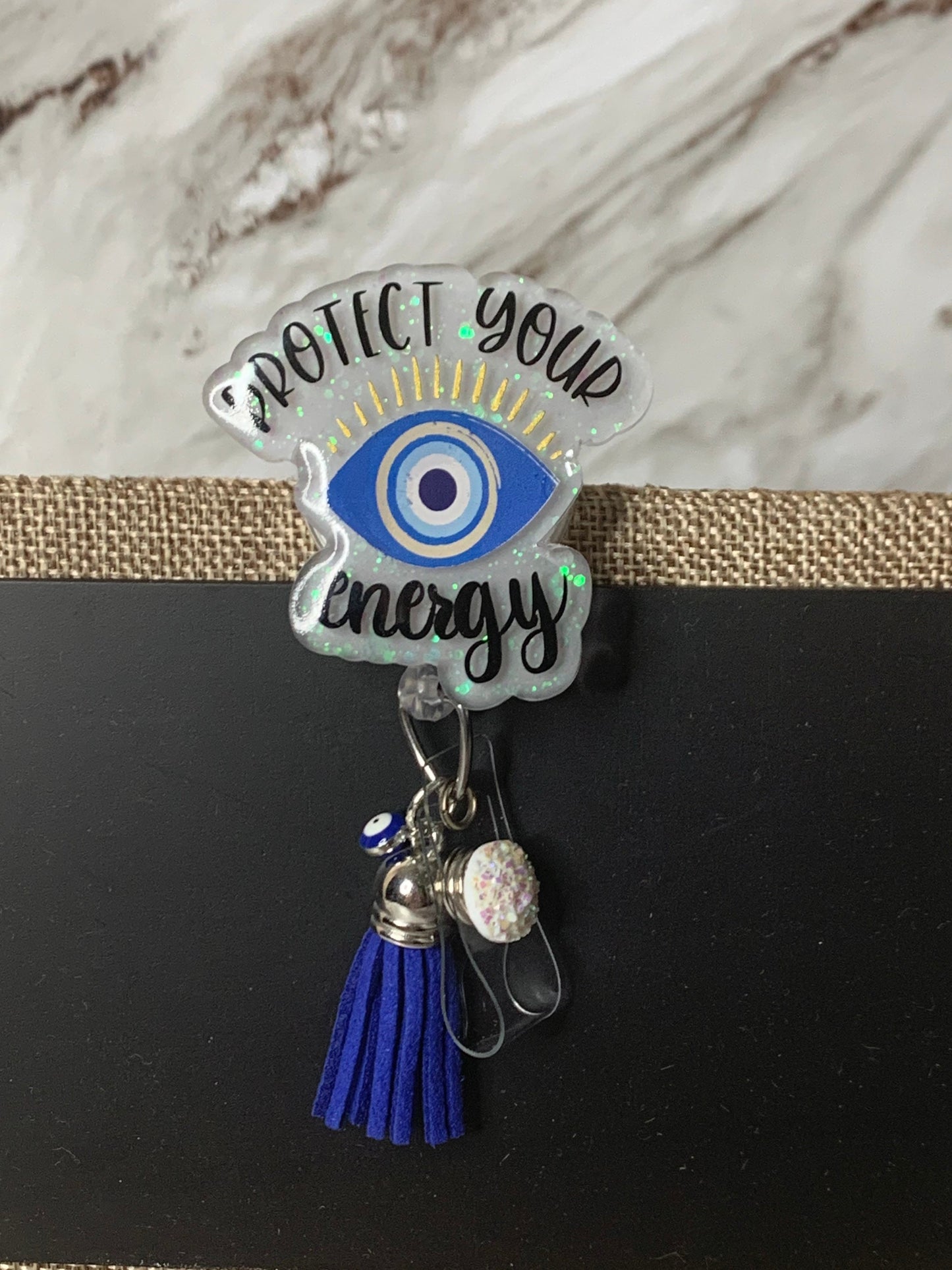 Protect Your Energy Badge Reel-Cute Badge Reel-Glitter Badge Reel-Retractable Badge Reel-Mal de Ojo ID Badge-White Elephant Gift- Nurse Gift