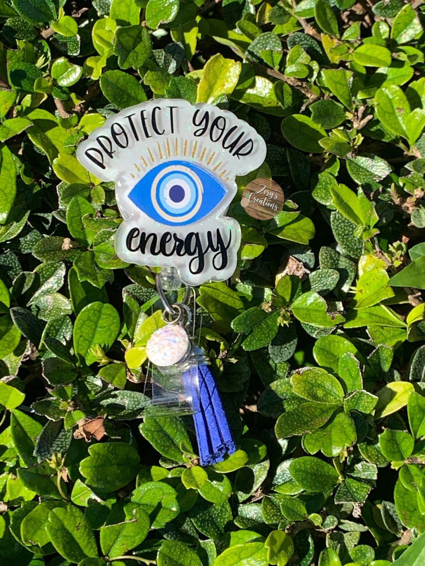 Protect Your Energy Badge Reel-Cute Badge Reel-Glitter Badge Reel-Retractable Badge Reel-Mal de Ojo ID Badge-White Elephant Gift- Nurse Gift