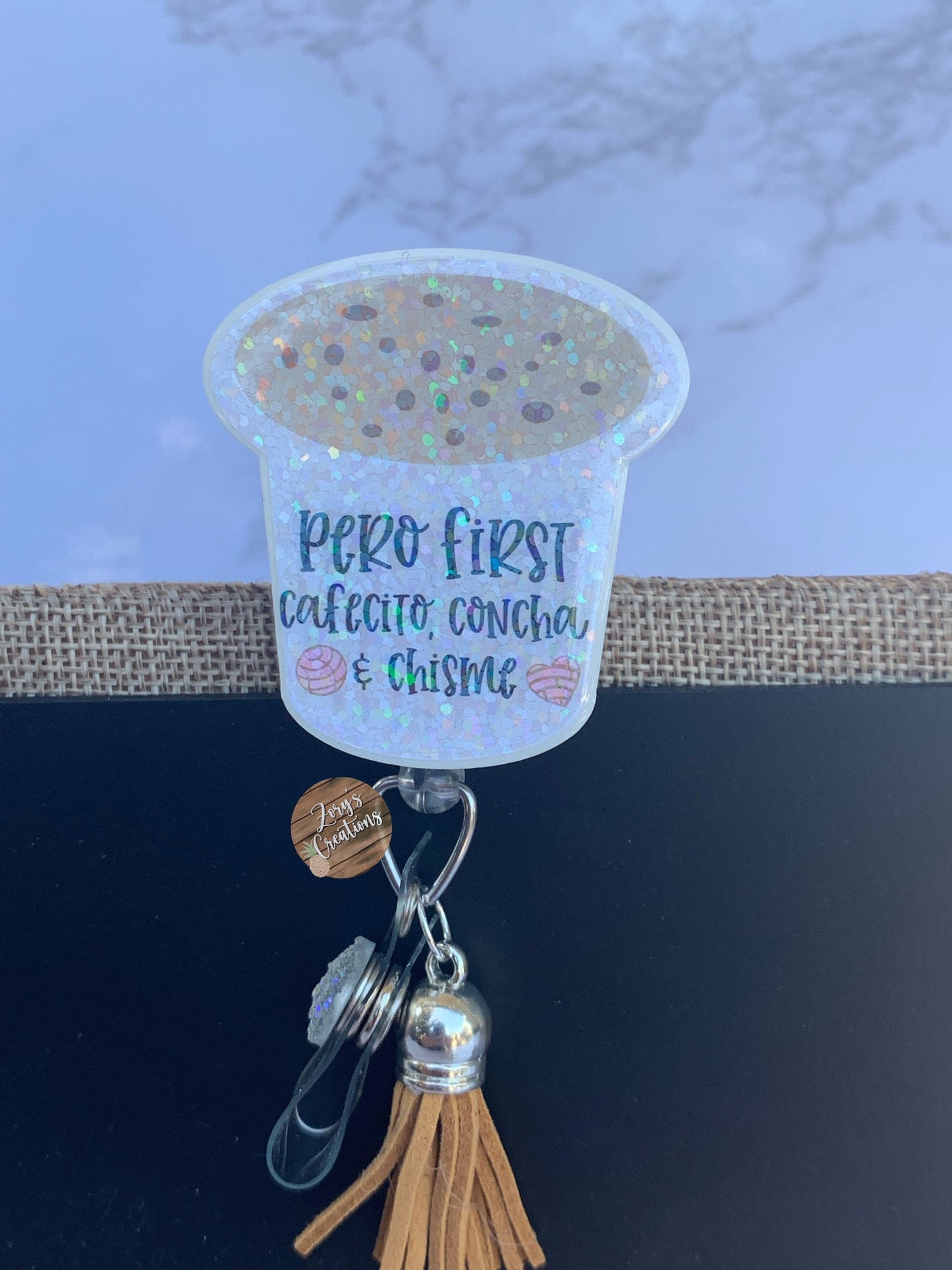 Pero First Cafecito, Concha y Chisme Retractable Badge Reel-Funny Spanish Badge Reel- Nurse Badge Reel-Colada/Cafecito Badge Reel