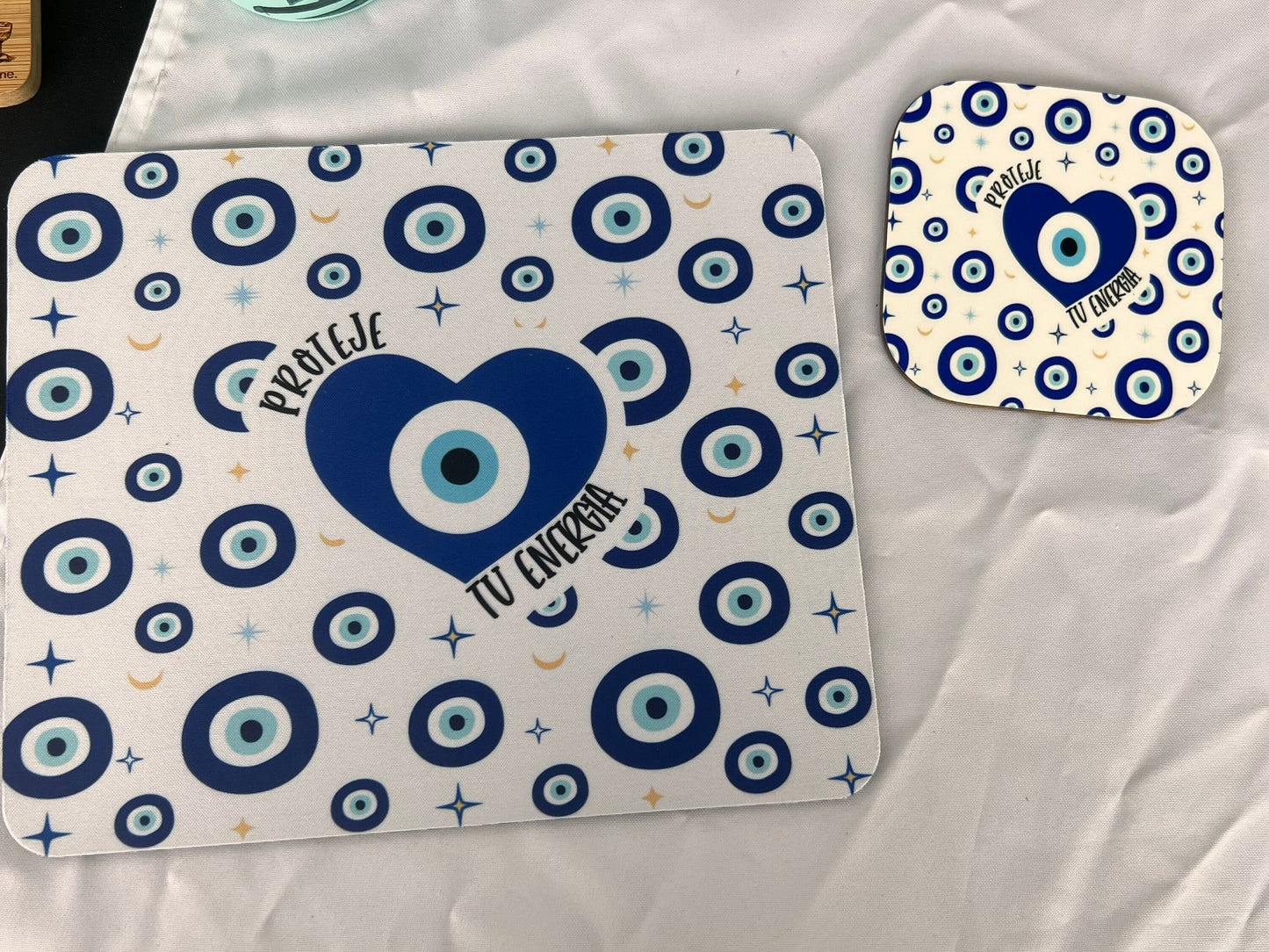 Proteje Tu Energia Mousepad & Coaster Set- Evil Eye Mousepad and Coaster- Evil Eye Desk Set- Evil Eye Office Decor