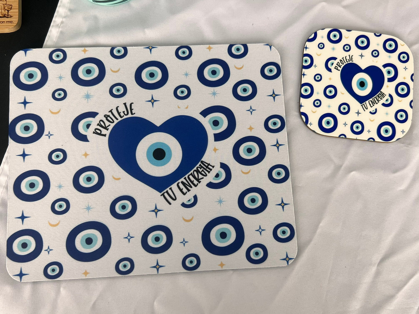 Proteje Tu Energia Mousepad & Coaster Set- Evil Eye Mousepad and Coaster- Evil Eye Desk Set- Evil Eye Office Decor