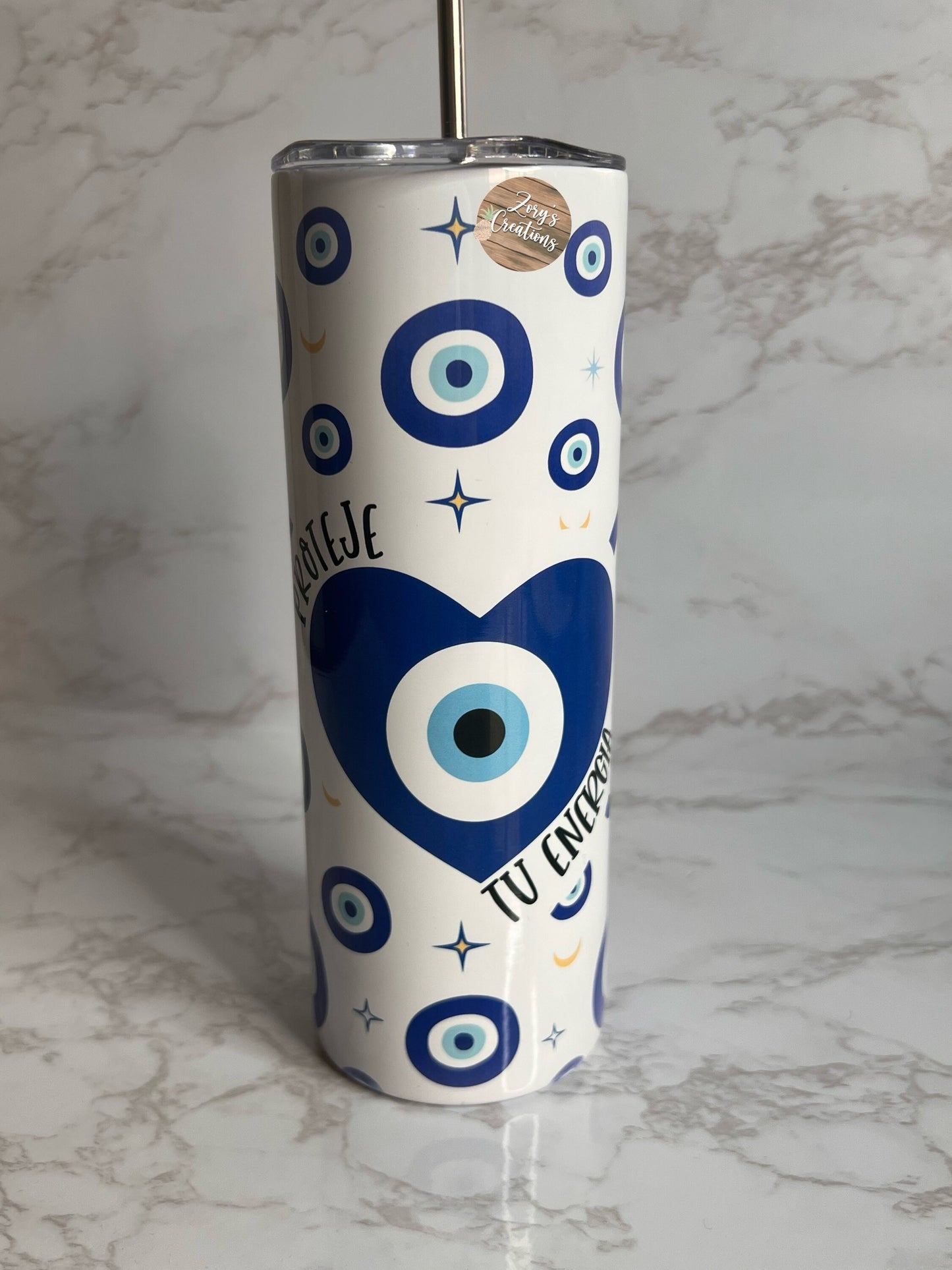 Proteje tu Energia 20 oz Skinny Tumbler- Evil Eye 20 oz Skinny Tumbler With Straw- Protect Your Energy Tumbler