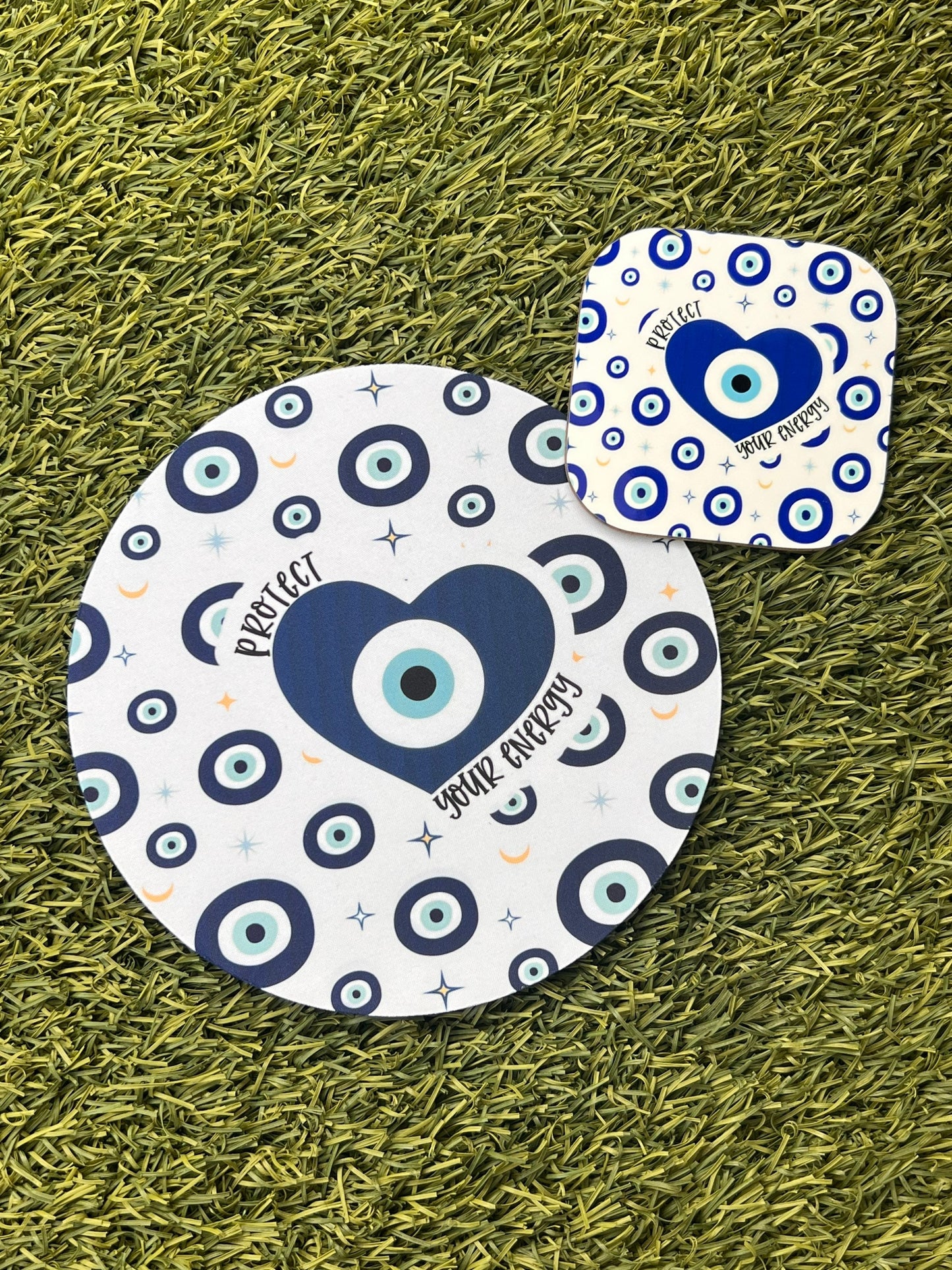 Protect Your Energy Mousepad & Coaster Set- Evil Eye Mousepad and Coaster- Evil Eye Desk Set- Evil Eye Office Decor