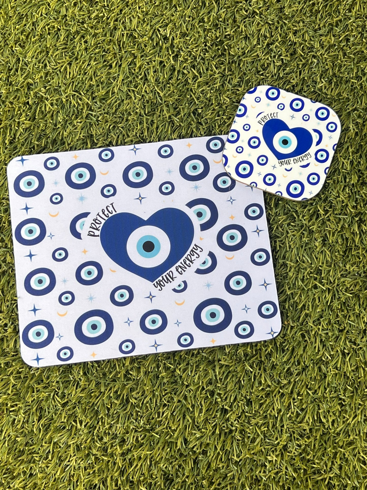 Protect Your Energy Mousepad & Coaster Set- Evil Eye Mousepad and Coaster- Evil Eye Desk Set- Evil Eye Office Decor