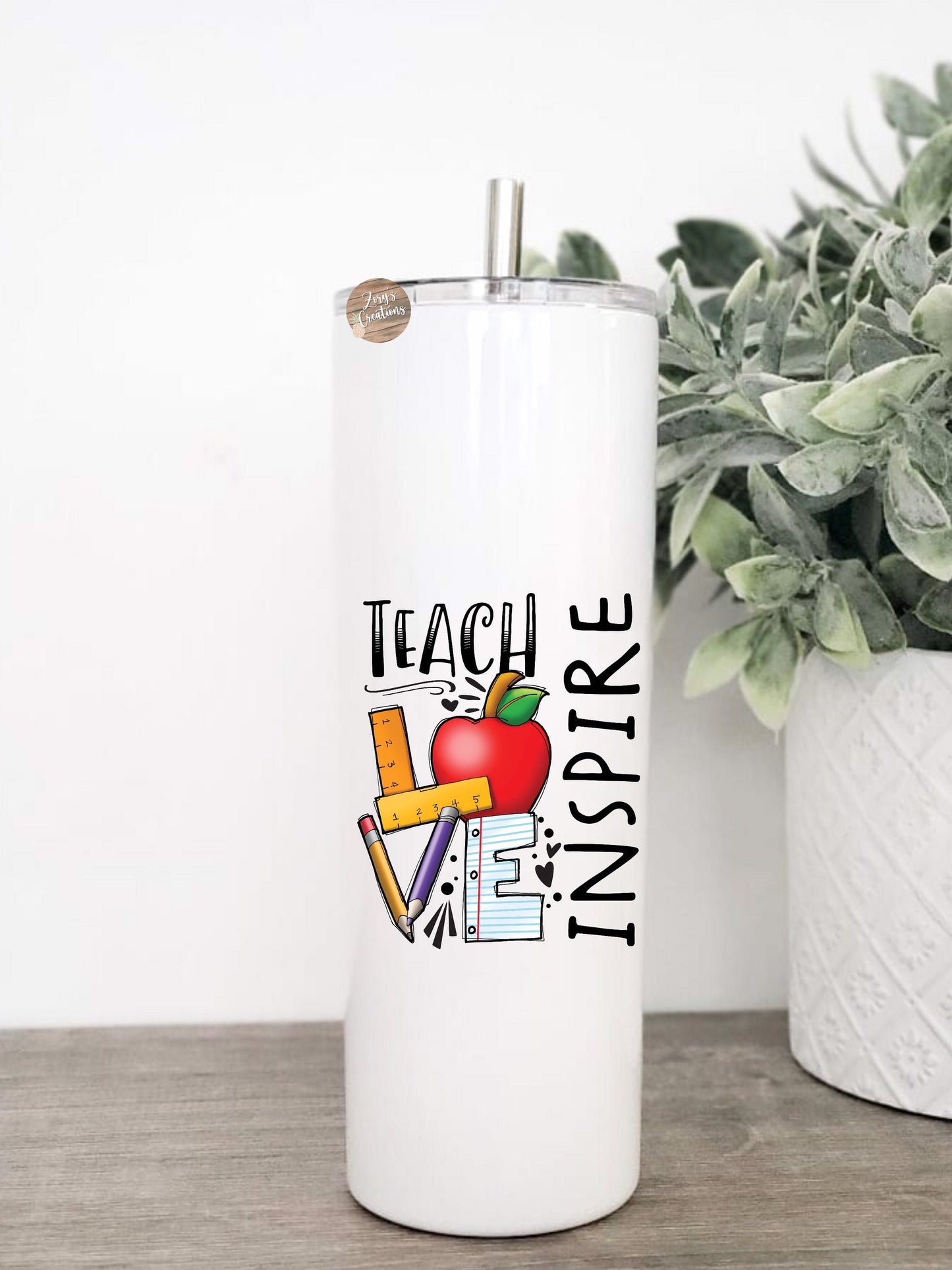 Teach Love Inspire 20oz Skinny Tumbler With Straw- Teacher Tumbler- Gift for Teachers- Teacher Skinny Tumbler- Personalized Tumbler