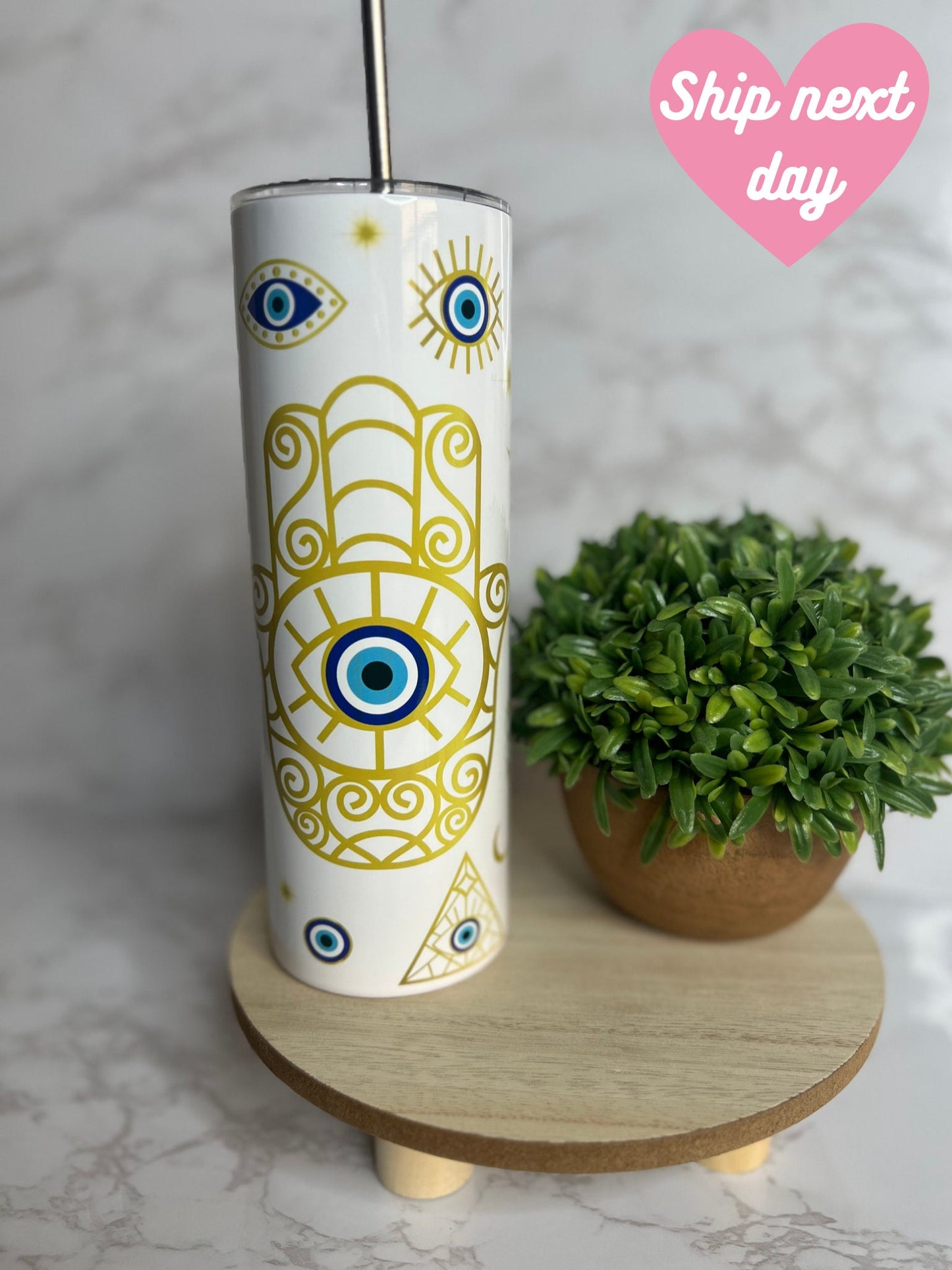 Gold Hamsa 20oz Skinny Tumbler- Personalized Evil Eye Tumbler for Women- Christmas Gift-White Elephant Gift