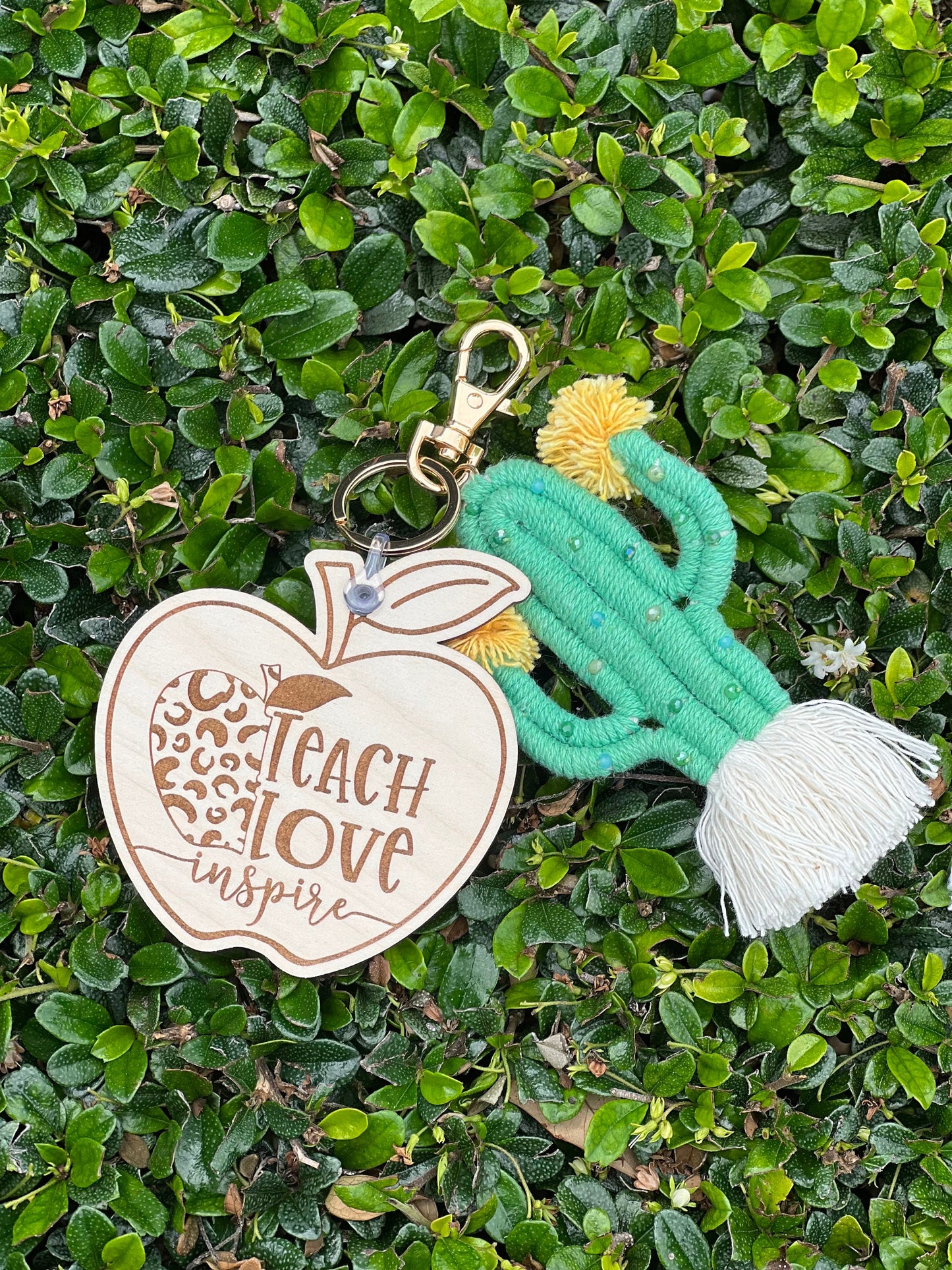 Teacher Keychain-Teacher Appreciation Gift-Teacher Vibes-Teach Love Inspire keychain- Boho Rainbow Macrame Teacher Keychain- Cactus Keychain