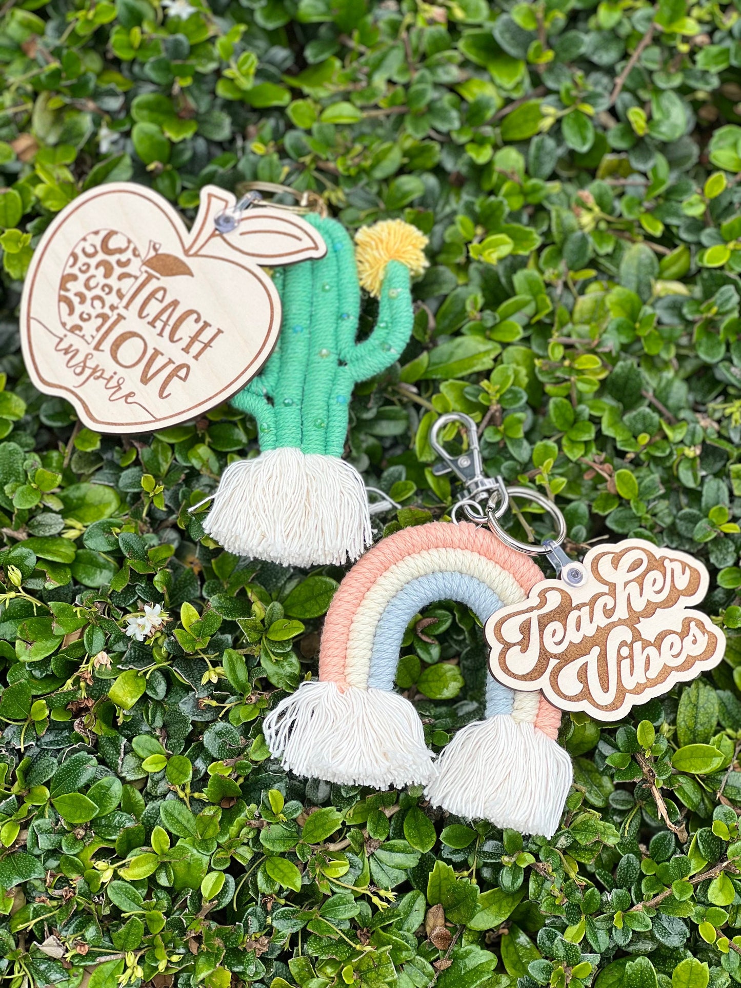 Teacher Keychain-Teacher Appreciation Gift-Teacher Vibes-Teach Love Inspire keychain- Boho Rainbow Macrame Teacher Keychain- Cactus Keychain