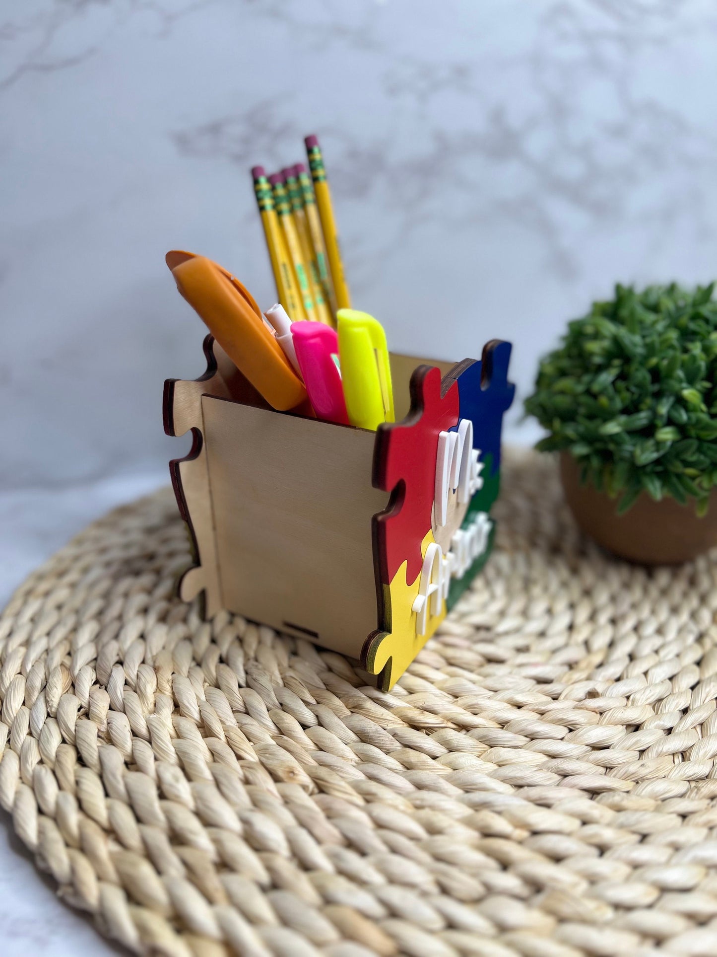 Teacher Wooden Puzzle Pencil Holder- Teacher Appreciation Gift- Puzzle Pencil Holder- Personalized Teacher Gift- Autism Teacher Gift