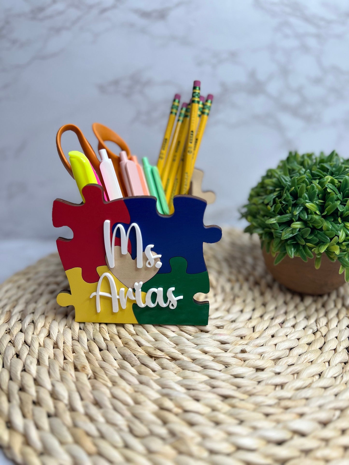 Teacher Wooden Puzzle Pencil Holder- Teacher Appreciation Gift- Puzzle Pencil Holder- Personalized Teacher Gift- Autism Teacher Gift