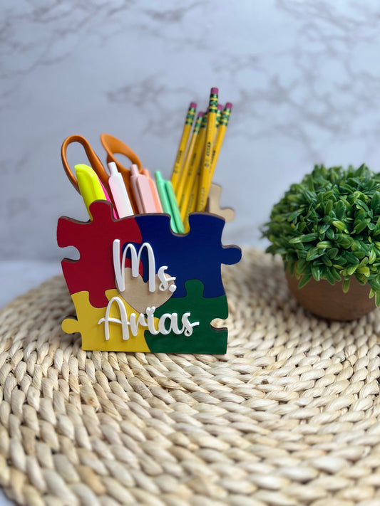 Teacher Wooden Puzzle Pencil Holder- Teacher Appreciation Gift- Puzzle Pencil Holder- Personalized Teacher Gift- Autism Teacher Gift