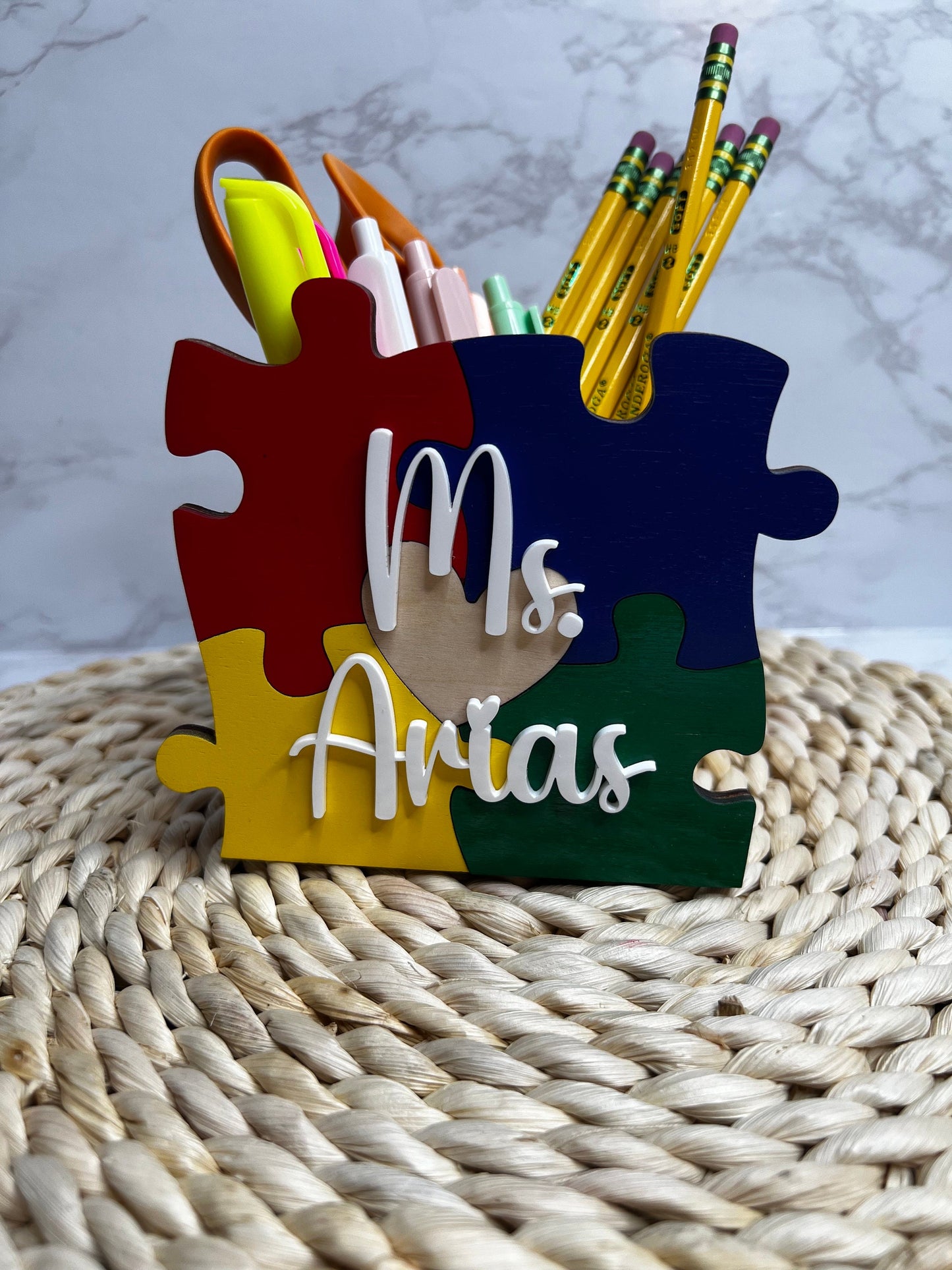 Teacher Wooden Puzzle Pencil Holder- Teacher Appreciation Gift- Puzzle Pencil Holder- Personalized Teacher Gift- Autism Teacher Gift